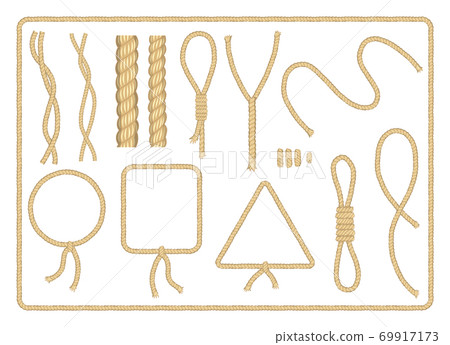 Collection of ropes. Curved nautical ropes with knots vector template. Round, trinagle and square rope frames, cord borders and other shapes. Retro vintage art design Collection of ropes. Curved nautical ropes with knots vector template. Round, trinagle and square rope frames, cord borders and other shapes. Retro vintage art design 69917173