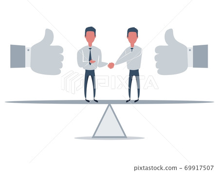 Business partners shaking hands as a symbol of unity. Businessman standing on seesaw. Business partners shaking hands as a symbol of unity. Businessman standing on seesaw. 69917507