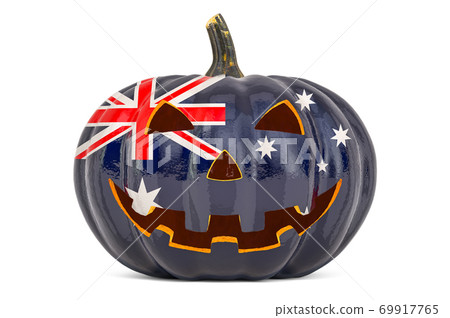 Halloween in Australia concept. Evil carved pumpkin with Australian flag, 3D rendering Halloween in Australia concept. Evil carved pumpkin with Australian flag, 3D rendering 69917765