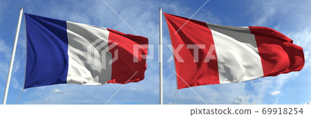 Flying flags of France and Peru on high flagpoles. 3d rendering 69918254