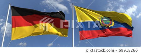Flags of Germany and Ecuador on flagpoles. 3d rendering Flags of Germany and Ecuador on flagpoles. 3d rendering 69918260