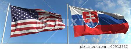 Flying flags of the USA and Slovakia on high flagpoles. 3d rendering Flying flags of the USA and Slovakia on high flagpoles. 3d rendering 69918282