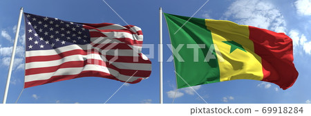 Flying flags of the USA and Senegal on sky background, 3d rendering 69918284