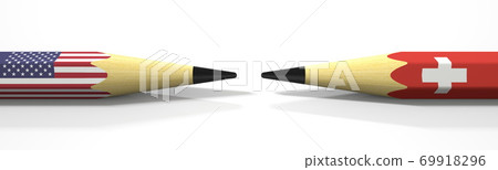 Opposing pencils with flags of the USA and Switzerland. Conflict concept, 3d rendering 69918296