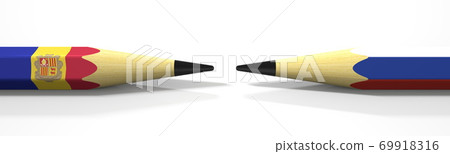 Two pencils with flags of Andorra and Russia, political conflict related 3d rendering Two pencils with flags of Andorra and Russia, political conflict related 3d rendering 69918316