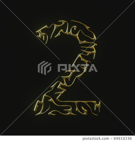 High resolution number two 2 symbol made of molded golden lines. 3d rendering 69918336