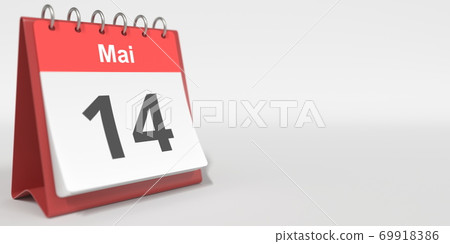 May 14 date written in German on the flip calendar page. 3d rendering May 14 date written in German on the flip calendar page. 3d rendering 69918386