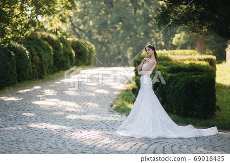 Gorgeous bride in luxury wedding dress with big dress train stand outdoors. Background of green tree 69918485