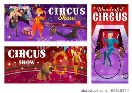 Circus banners strongman, lion and retro bicyclist Circus banners strongman, lion and retro bicyclist 69918544