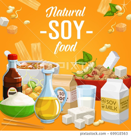 Soy products, soybean organic food vector poster Soy products, soybean organic food vector poster 69918563