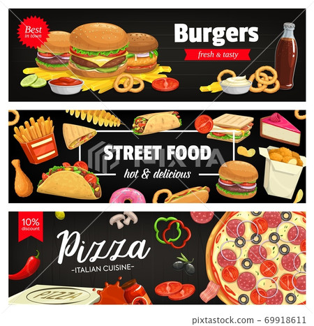 Fast food vector banners cartoon street food meals Fast food vector banners cartoon street food meals 69918611