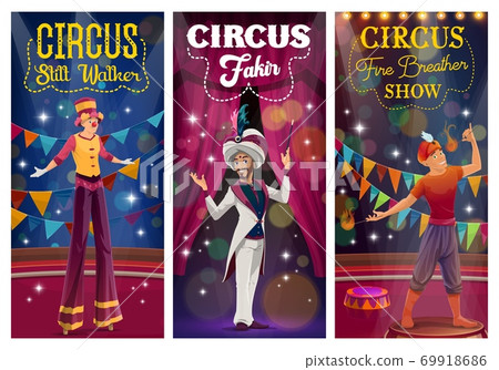 Circus magician, stilt walker and fire breather 69918686