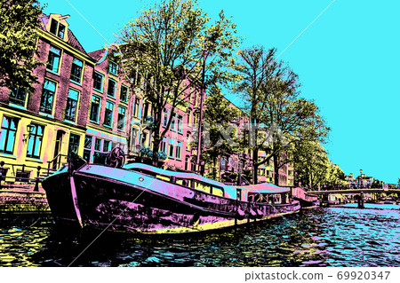 Illustration of boat moored at margin of a canal 69920347