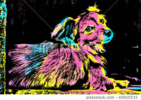 Illustration of cute dog standing on doorstep Illustration of cute dog standing on doorstep 69920535