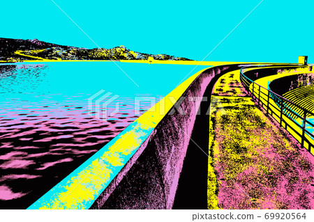 Illustration of pathway over dam forming a lake Illustration of pathway over dam forming a lake 69920564