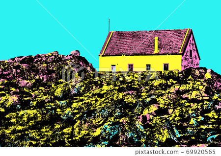 Illustration of house on top of rocky landscape 69920565