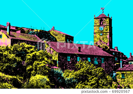 Illustration of Monsanto village on top of hill 69920567