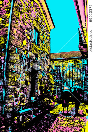 Illustration of elderly couple walking in an alley Illustration of elderly couple walking in an alley 69920575