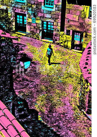 Illustration of woman walking down an alley Illustration of woman walking down an alley 69920583