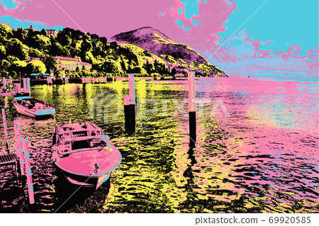Illustration of motorboat at the Como Lake Illustration of motorboat at the Como Lake 69920585