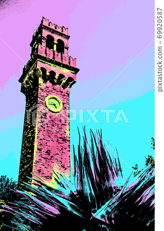 Illustration of a brick tower and glass sculpture Illustration of a brick tower and glass sculpture 69920587