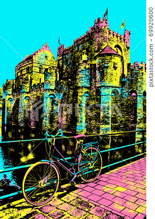 Illustration of bike on bridge and castle in Ghent 69920600