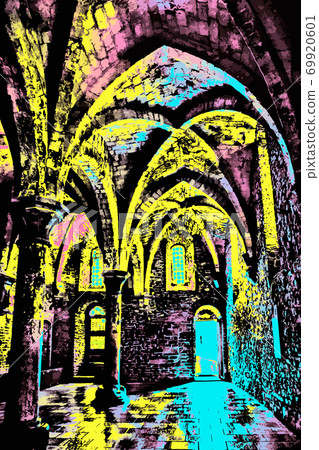 Illustration of columns and arches inside castle 69920601