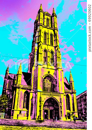 Illustration of people and cathedral in Ghent 69920602