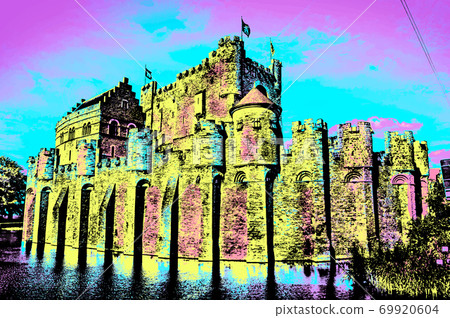 Illustration of lake in front of castle in Ghent 69920604
