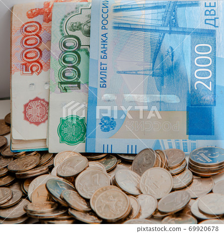 Russian money coins and banknotes, rubles and pennies 2020 Russian money coins and banknotes, rubles and pennies 2020 69920678