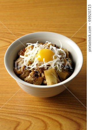 A bowl of white-haired green onions and egg yolk on top of a charcoal-grilled yakitori A bowl of white-haired green onions and egg yolk on top of a charcoal-grilled yakitori 69920715