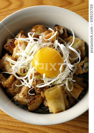 Donburi with white-haired green onions and egg yolk on top of yakitori grilled over charcoal (overhead view) 69920789