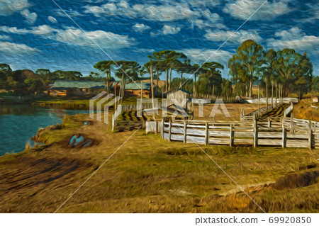 Charming ranch with wooden sheds and fences 69920850