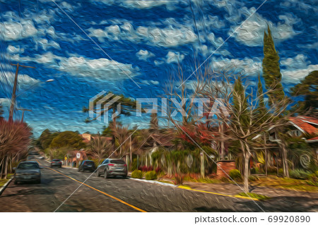 Street with parked cars and trees in Gramado 69920890