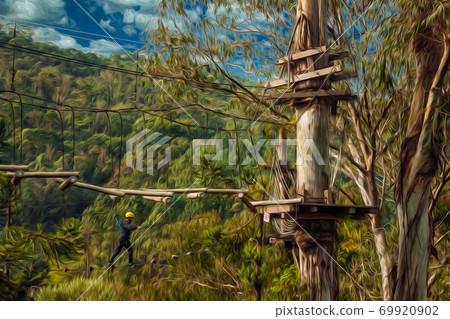 Man practicing tree climbing in a forest 69920902