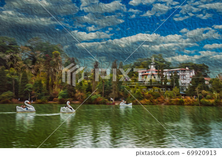 Fiberglass pedal boats in a Lake at Gramado Fiberglass pedal boats in a Lake at Gramado 69920913