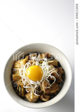 A bowl of white-haired green onions and egg yolk on top of a charcoal-grilled yakitori (white background, bird's-eye view) 69921008