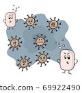 The soap fights the pathogenic virus. A funny illustration to stop the spread of the coronavirus. 69922490