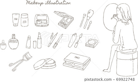 Line art illustration set of women to make up and makeup tools 69922748