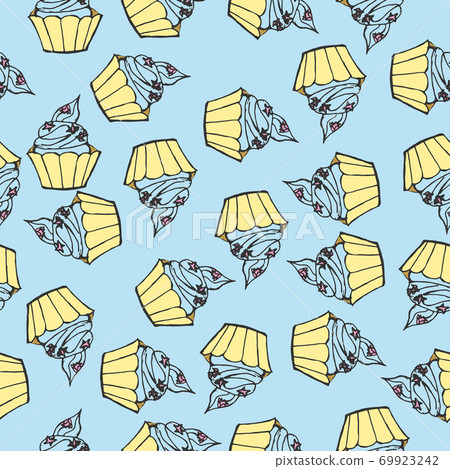 Sweet food seamless pattern. Confectionery vector illustration - birthday cake, pastry shop. Sweet food seamless pattern. Confectionery vector illustration - birthday cake, pastry shop. 69923242