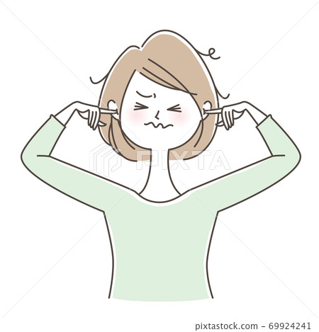 A woman who is frustrated by noise and closes her ears A woman who is frustrated by noise and closes her ears 69924241