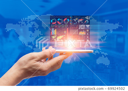 Smartphone with business data infographic chart for worldwide business intelligence device concept. 69924502