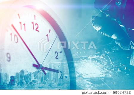 Industry worker overlay with Times clock for business working hours in factory image concept. 69924728