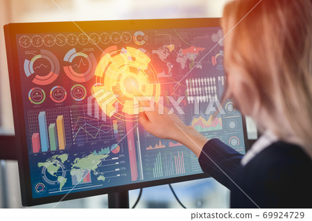 Business manager using advance technology digital touch screen display panel with data information 69924729