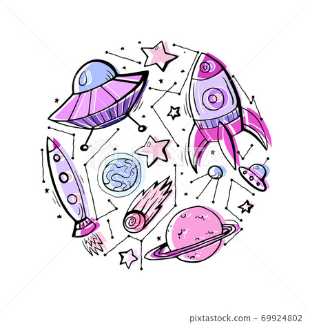 Set of contour colorful child illustrations of stars, spaceships and UFOs. Set of contour colorful child illustrations of stars, spaceships and UFOs. 69924802