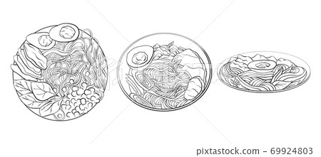 Contour black and white cartoon illustration of ramen in different angles. Noodles. Contour black and white cartoon illustration of ramen in different angles. Noodles. 69924803