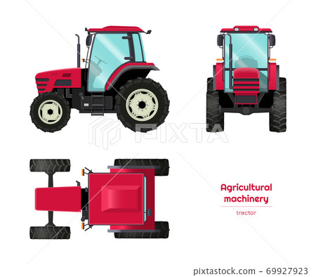 Isolated tractor. Side, front and top view of agriculture machinery. Farming vehicle in cartoon style. Industry blueprint 69927923