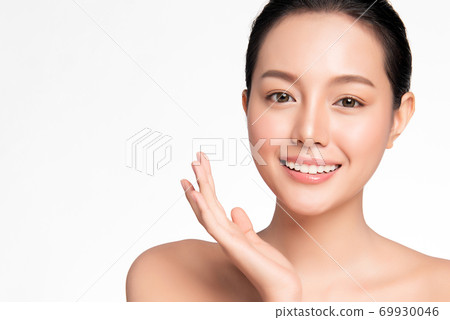 Beautiful young asian woman with clean fresh skin on white background, Face care, Facial treatment, 69930046
