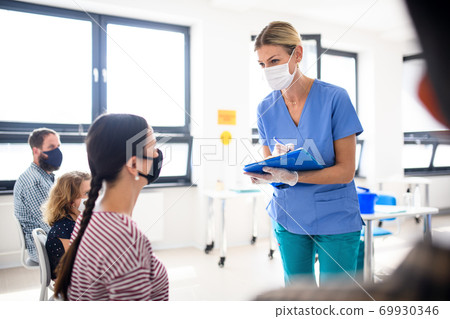 Portrait of nurse and patients with face masks, coronavirus, covid-19 and vaccination concept. Portrait of nurse and patients with face masks, coronavirus, covid-19 and vaccination concept. 69930346