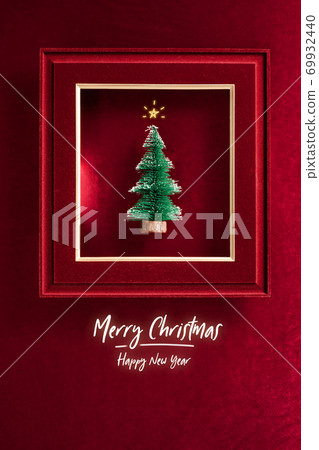 Merry Christmas and happy new year text and Christmas tree in felt photo frame on velvet red felt fabric top view background Merry Christmas and happy new year text and Christmas tree in felt photo frame on velvet red felt fabric top view background 69932440